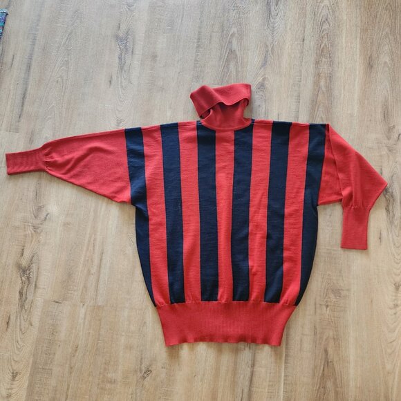 Vintage Jaeger Black Red Striped Dolman Sleeve  Wool Turtleneck Sweater - Picture 5 of 6